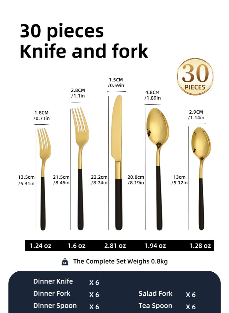 30 قطعة مجموعة أدوات مائدة من الفولاذ المقاوم للصدأ، مجموعة أدوات المطبخ، أطباق غربية خالية من الملمس السطحي، مناسبة للمطبخ المنزلي أو المطعم، أسود ذهبي - Image 2